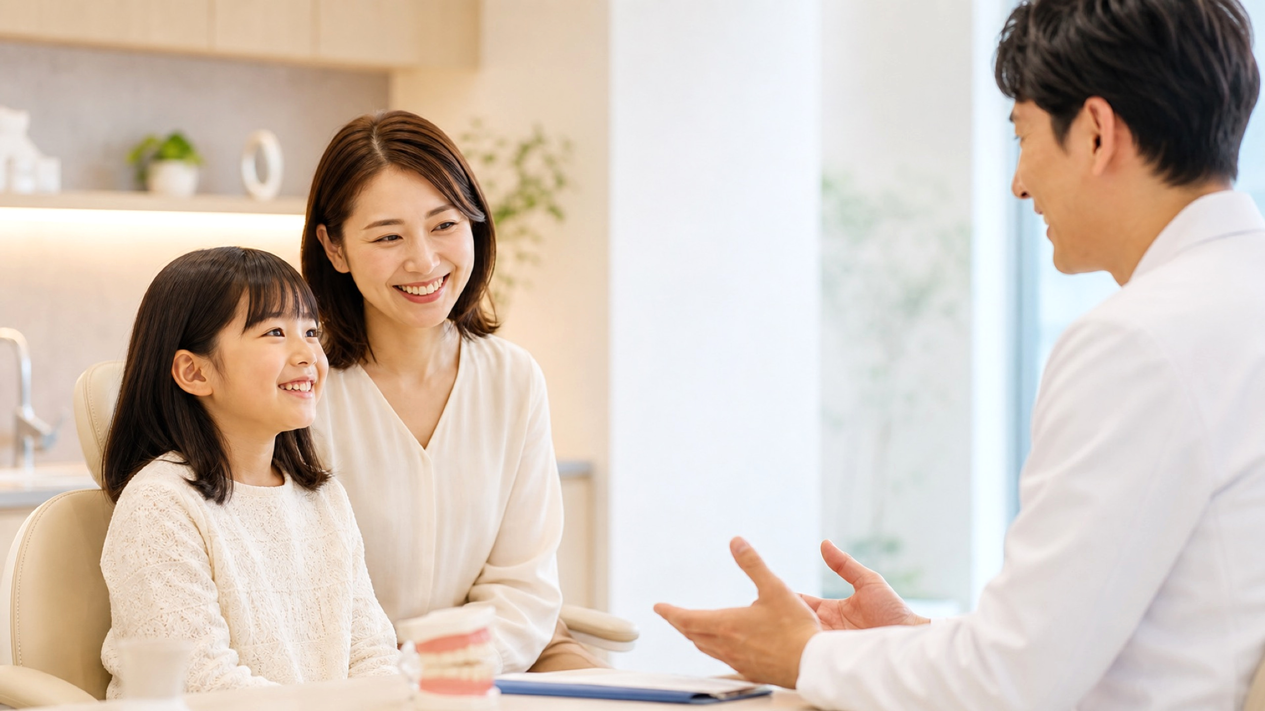 親子が歯科医師とこども矯正について相談している様子